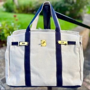 Neutral Canvas Tote with Navy Trim and Gold Hardware